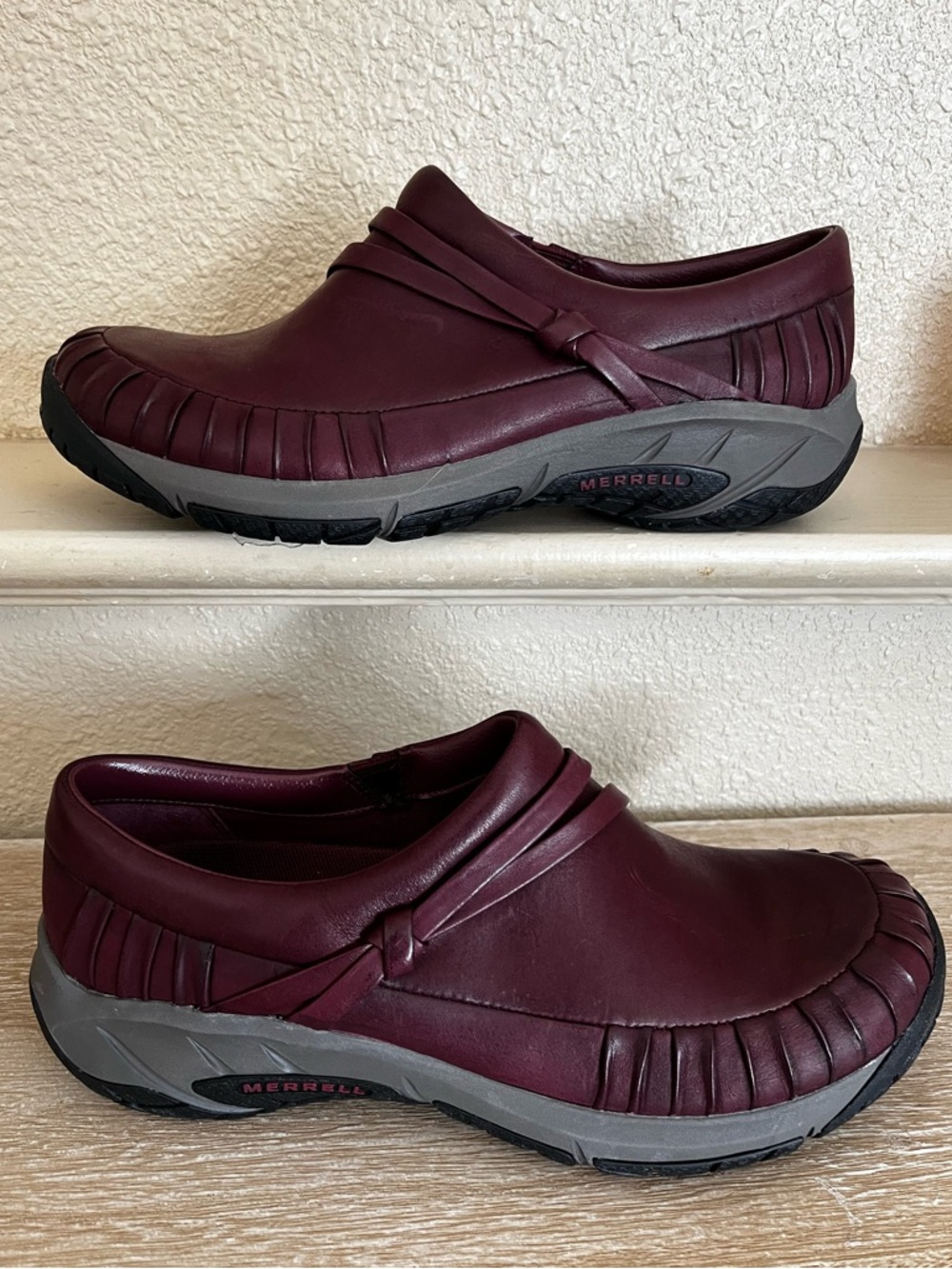 Merrell Encore Pleat Slide Shoes Womens 9 Wine Red Leather Slip On Comfort